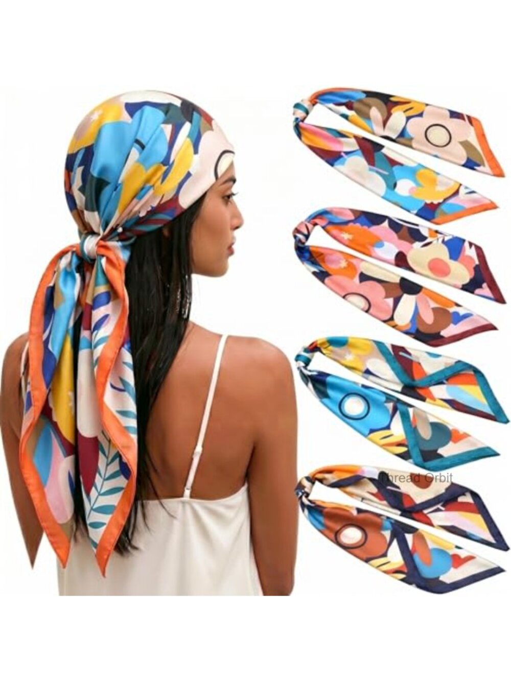 4 Pack 35" Satin Square Head Scarves Large Bandana Hair Wrap Shawl